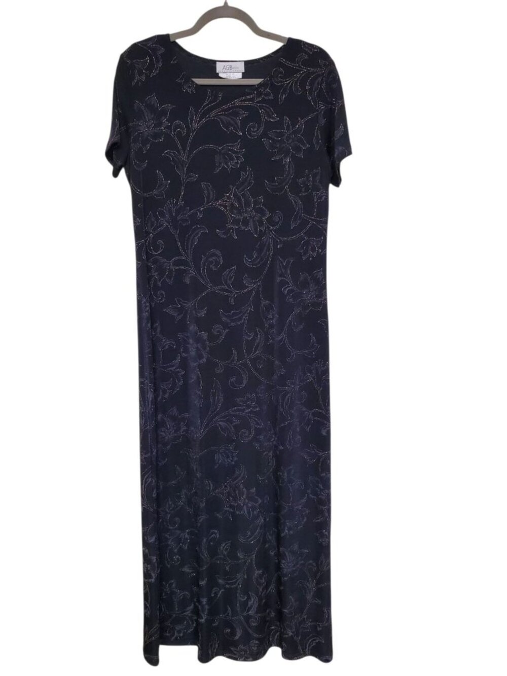 AGB Byer California Vintage 90s Black Silver Glitter Print Slinky Maxi Dress 14